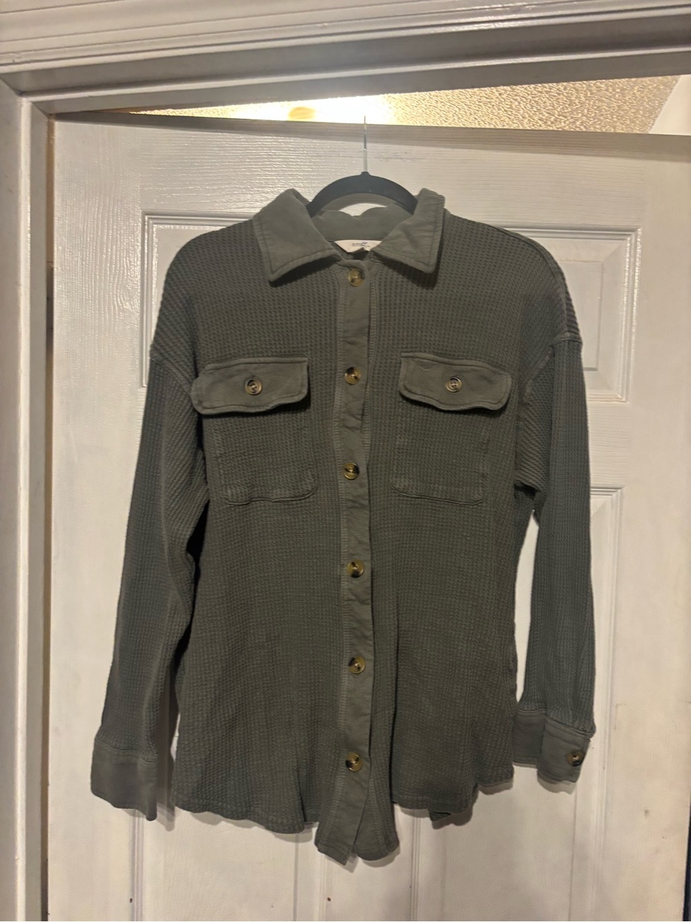 Terra & Sky Olive Green Button-Front Waffle Shirt